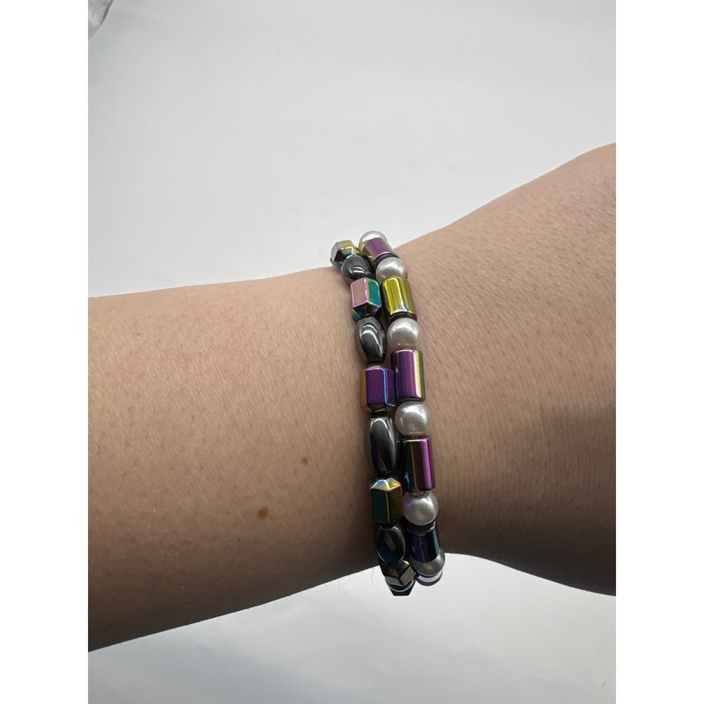 Hematite Magnetic‎ Stretch Bracelet Set Iridescent Oil Slick Faux Pearl J549